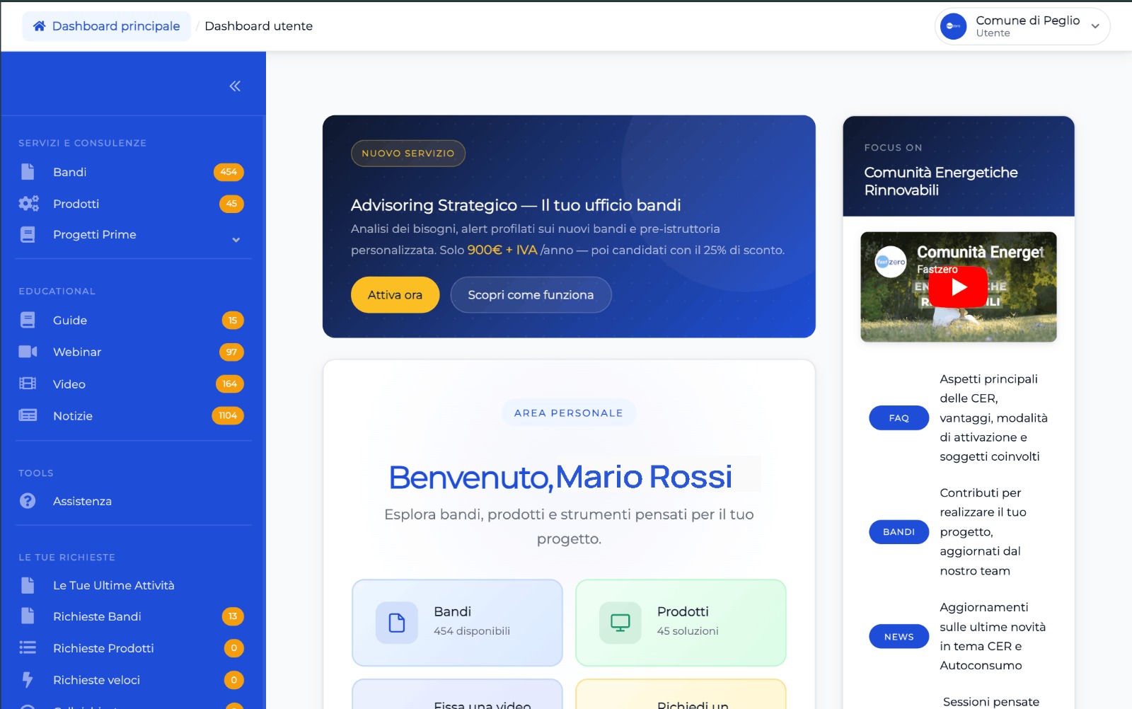 Dashboard MyProjectNow — piattaforma fondi pubblici per comuni